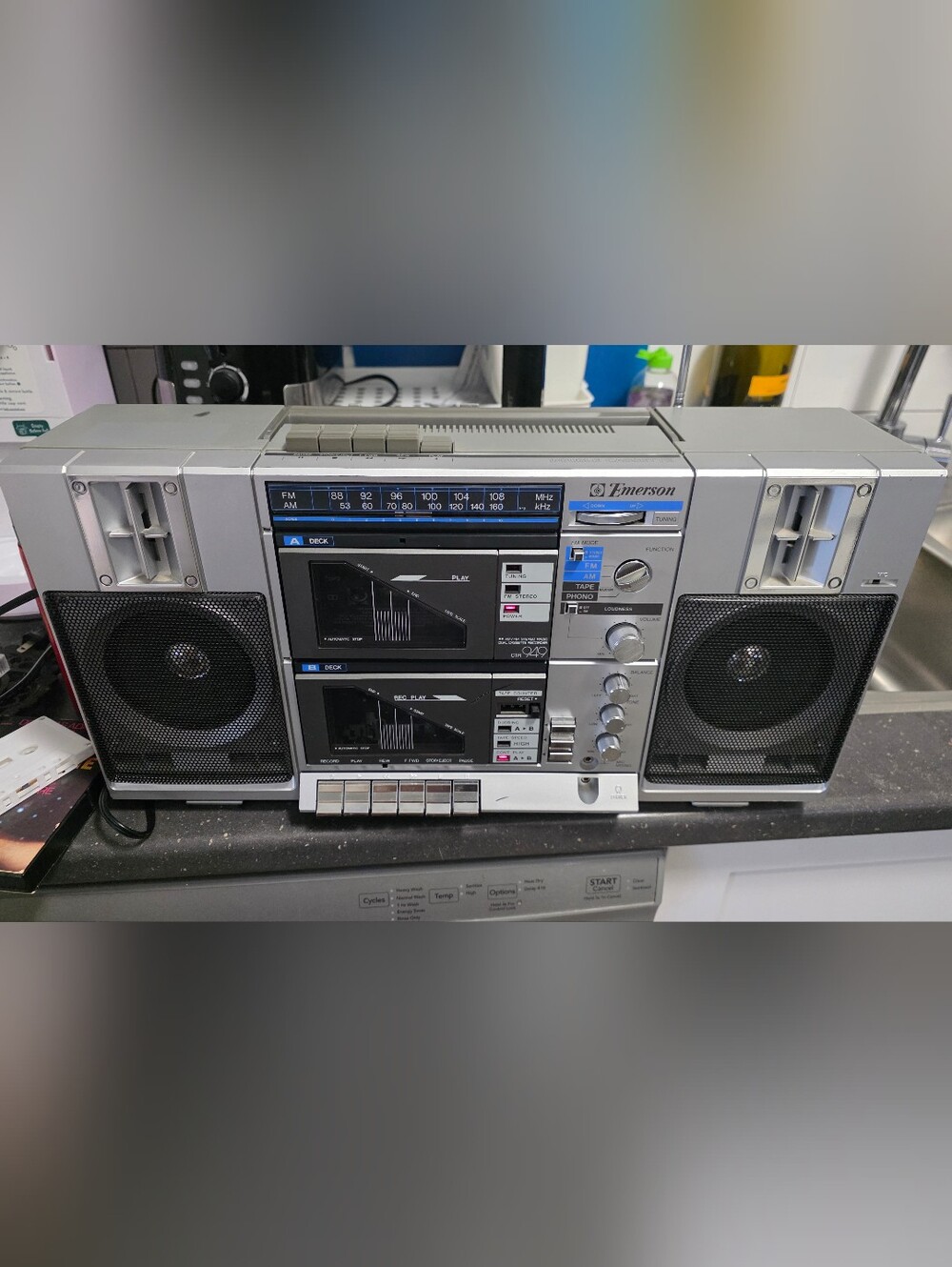 Emerson Silver Portable Stereo Boombox with Dual Cassette Decks